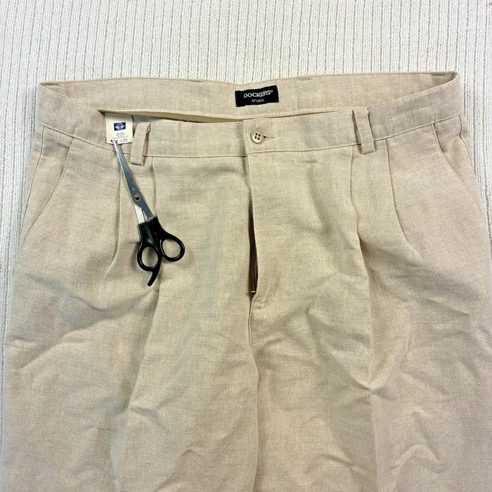 Dockers VTG Linen Cotton Blend Khakis Pants Pleated 37 x 29 (Tagged 38 x 30) 90s